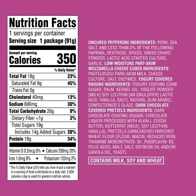 Teeny Tiny Lunch Bites Uncured Pepperoni, Mozzarella, Dark Chocolate Covered Pretzels & Yogurt Covered Raisins 3.2oz - Good & Gather™ 5 Teeny Tiny Lunch Bites Uncured Pepperoni, Mozzarella, Dark Chocolate Covered Pretzels & Yogurt Covered Raisins 3.2oz - Good & Gather™ - Image 3